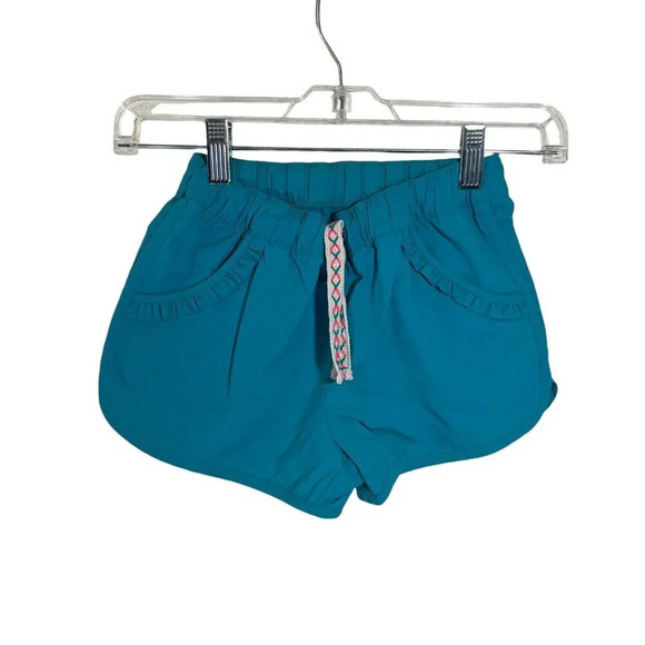 Cat & Jack Blue Shorts Medium Size 7/8 Ruffled Pockets Embroidered Drawstring - Picture 1 of 4